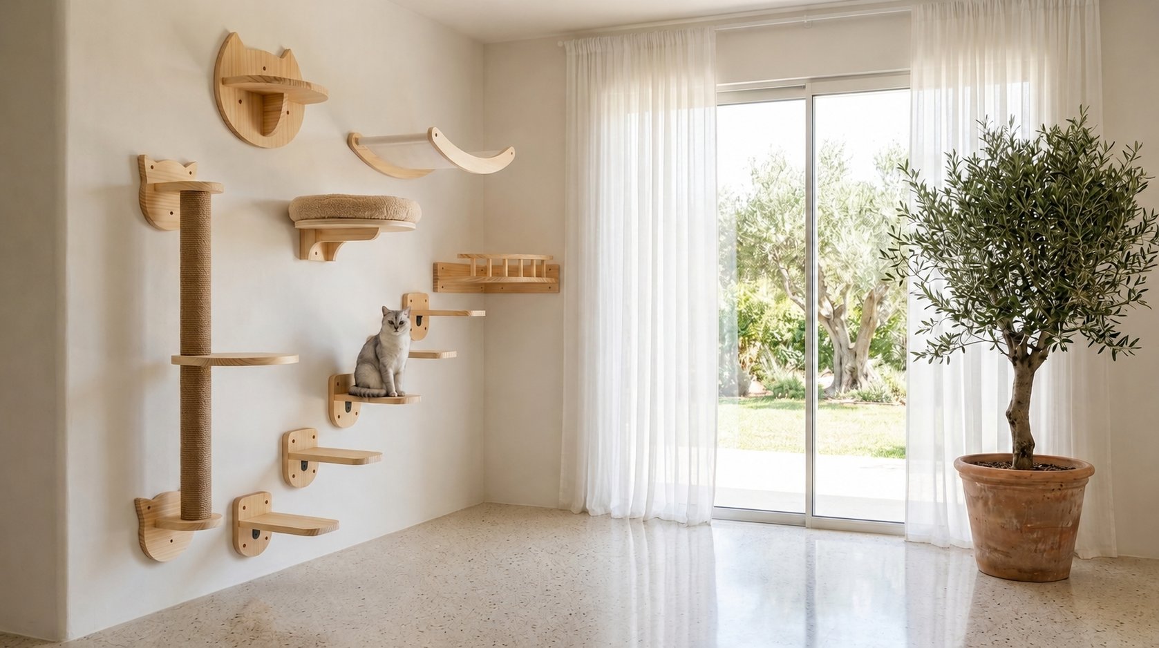 Muro Nekko en salón mediterráneo con gato